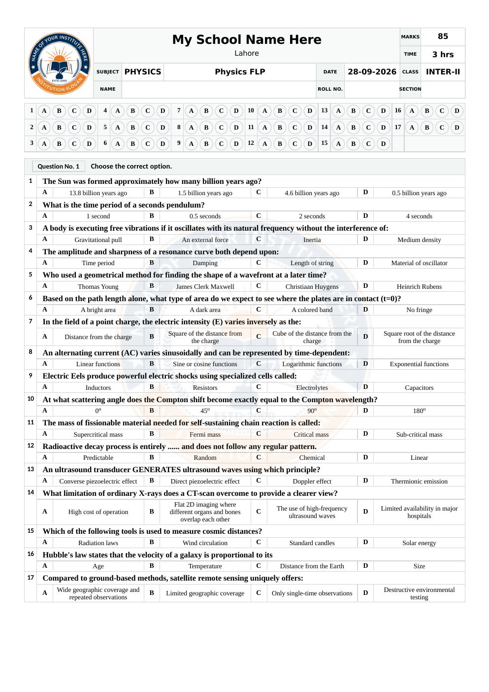 Pak Test Solution updated version sample paper, page 1: school header, bubble sheet and mcqs